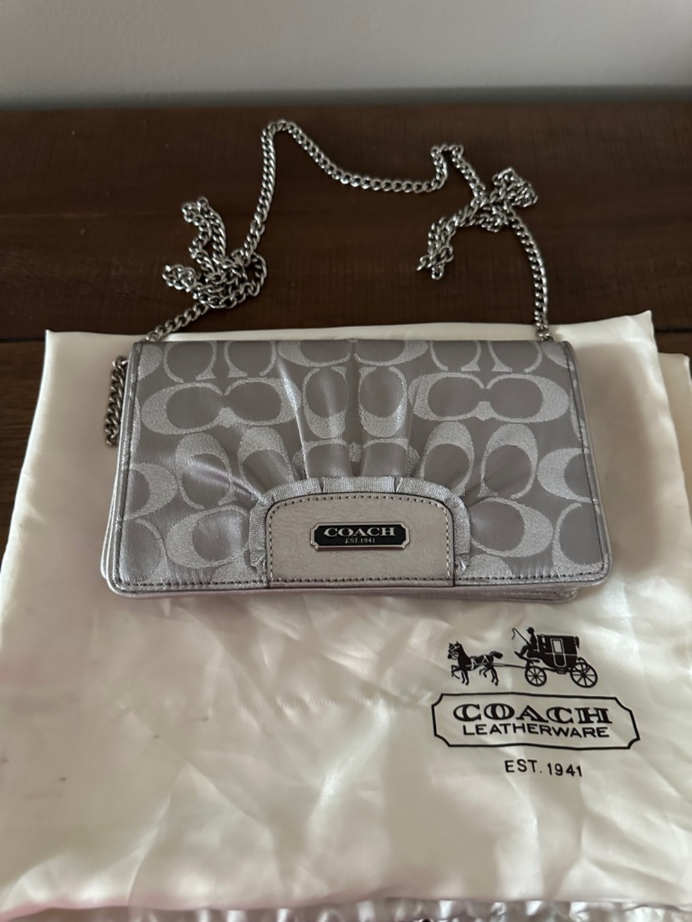 Coach Silver Signature Crossbody Wallet with Chain Strap